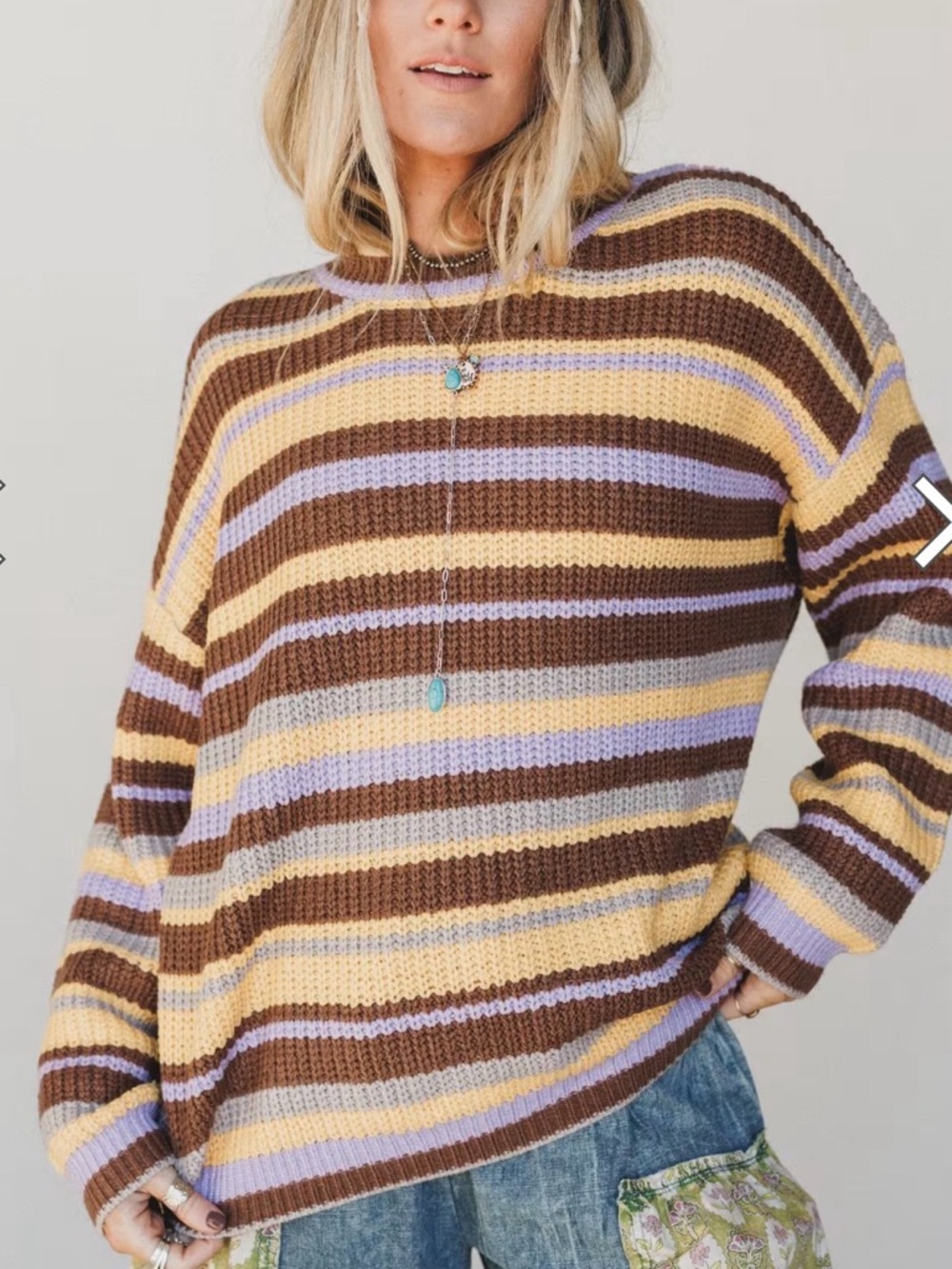 easel Striped Crewneck Sweater in Brown, Yellow & Lavender